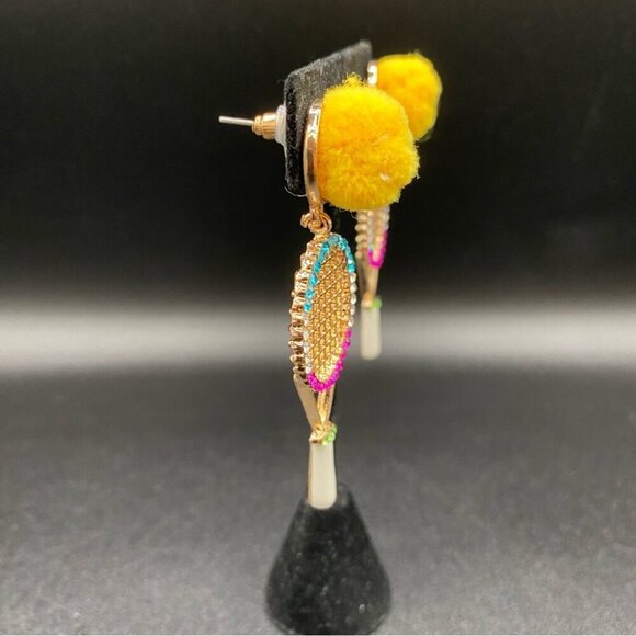 Cute Tennis Racket Statement Earrings with PomPom and Rhinestones - Picture 7 of 8